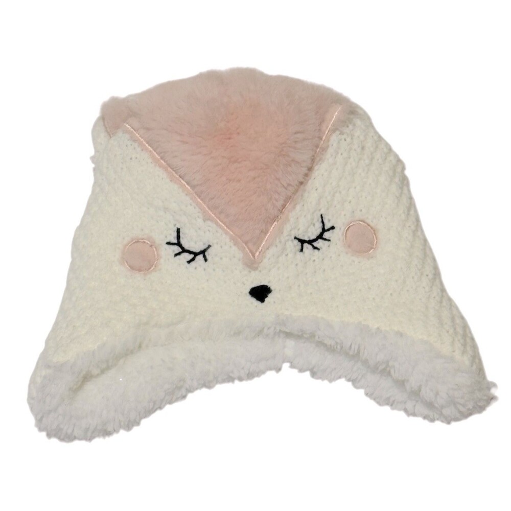Mountain Warehouse Kids Fleece Beanie Hat White Crochet Pink Plush Fox Junior